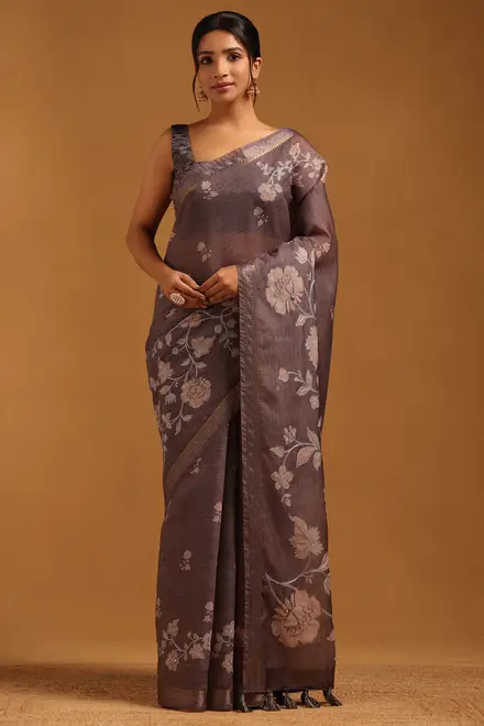 Grey Poly Silk Floral Saree With Machine Embroidery